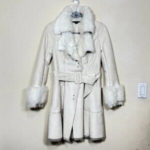 Armani Exchange fur coat White Cream Belted Faux Leather jacket Pea Coat Sz XS